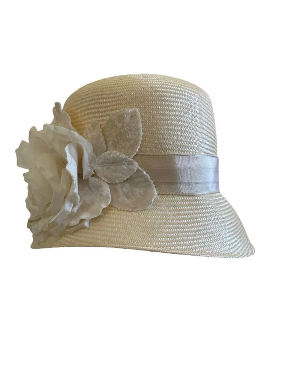 Louise Green Ivory Straw Hat With Satin Ribbon & Floral Accent
